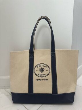 Sporty & Rich Beige and Navy Canvas Tote with Crest